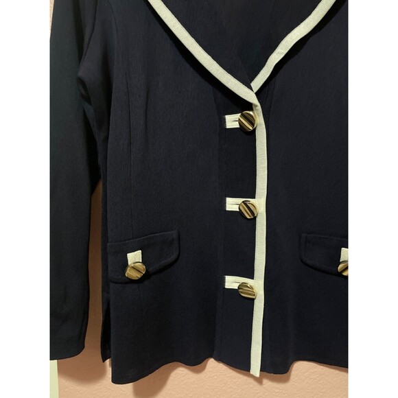 Misook Classic Knit Stretch Blazer Jacket size S Navy Gold Buttons White Trim - Picture 3 of 6